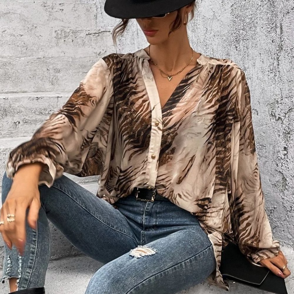 Multicolor Womens tiger print button down Shirt - Picture 5 of 5